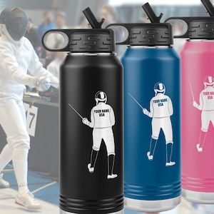 Personalized Fencing Bottle for Left Handed Fencer. Vacuum insulated stainless steel, laser etched. Customize with name and country.