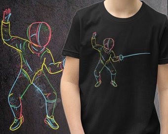 Premium Kids Fencing Short Sleeve T-Shirt - Graffiti Spay Paint Fencer Drawing. Perfect for young athletes, girls and boys