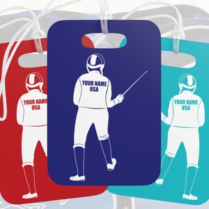 Personalized Fencing Luggage Tag. Fencer with name and country on the fencing jacket. For school backpack, club or travel.
