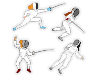 Fencing Stickers Set - Fencer Girls and Women Cartoons. Original Fencing Illustrations to Decorate Your Fencer Stuff.