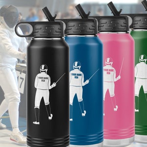 Customized Fencing Water Bottle. Perfect Gift for Fencer. Vacuum insulated stainless steel, laser etched. Personalize with name and country.