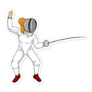 Schermsticker met linkshandige schermer Girl En Garde. Cadeau voor schermsporter, perfect voor laptop. Leuke hekwerkdecoratie, knutselen