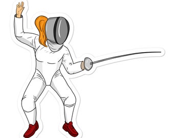 Fencing Sticker with Left-handed Fencer Girl En Garde. Fencing athlete gift, perfect for laptop. Cute fencing decoration, craft