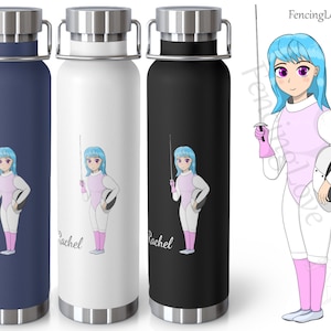 Personalized Fencing Gift: Anime Fencer Girl Water Bottle - Foil Fencing Gift, Manga Style Drawing, Original Fencing Cartoon