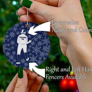 Personalized Fencing Christmas Ornament: right-handed and left-handed fencers, custom name and country