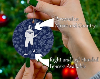 Personalized Fencing Christmas Ornament: right-handed and left-handed fencers, custom name and country