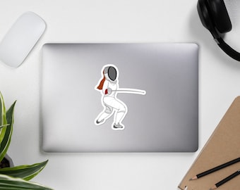 Sticker Epee Fencing Girl. Perfect decoration for a fencer's laptop, notebook or car bumper. Cartoon drawing of fencing athlete with epee
