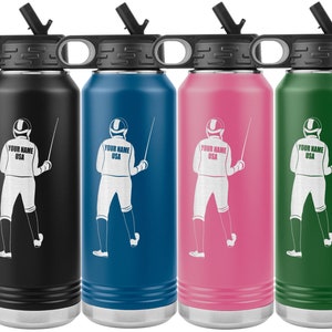 Customized Saber Fencing Water Bottle. Perfect Gift for Sabre Fencer. Insulated stainless steel. Personalize with name/country. Laser Etched