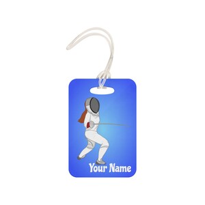 Fencing Gift: Personalized epee girl luggage tag for travelling fencers and coaches. Customized with fencer name.