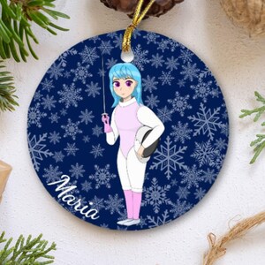 Décoration de sapin de Noël personnalisée pour fille d'escrime - Dessin animé d'escrimeur