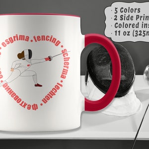 Fencing Love Mug: Birthday or Valentine's day gift for fencer. Red heart & epee athlete lunge cartoon illustration, international fencing