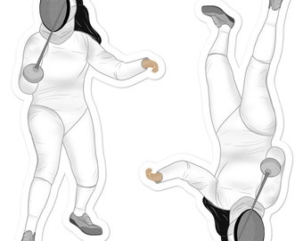 Double Sticker Epee Fencer Cartoon Drawing from a Fencing Competition: Patience. Decorate laptop, suitcase or bumper. En Garde!
