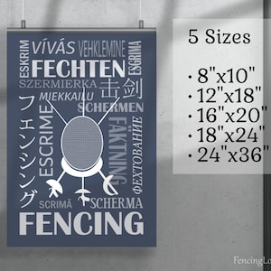 Fencing poster featuring mask, weapons and word fencing in different languages. Print for fencer&#39;s room or club wall art