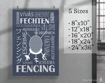 Affiche d’escrime avec masque, armes et clôture de mots dans différentes langues. Impression pour la chambre de l’escrimeur ou l’art mural du club