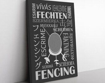 Impression sur toile d’escrime - langues mondiales de l’escrime. Art mural à domicile ou en club pour les escrimeurs et les entraîneurs. Grand cadeau d’escrime.