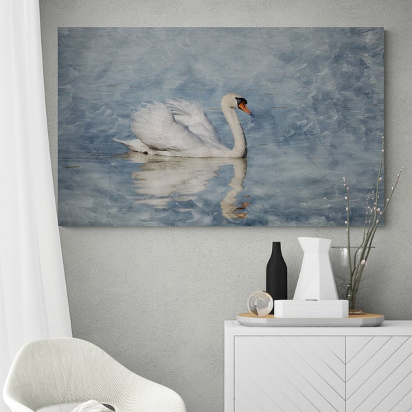 Brushed Painterly Swan, Wildlife Canvas Prints, Metal and Acrylic Prints, Photo with brush strokes, Blue White Wall Art, Animal Photography