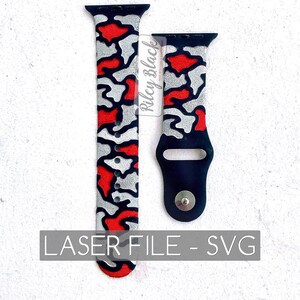 May include: A red, white, and black camouflage pattern Apple Watch band. The band is made of leather and has a laser-cut design. The text "LASER FILE - SVG" is printed below the band.