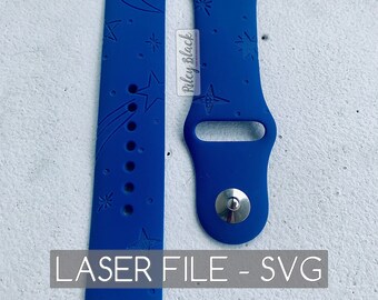 May include: Blue silicone Apple Watch band with a moon and stars design. The band is laser cut and comes with a laser file for cutting.  LASER FILE - SVG
