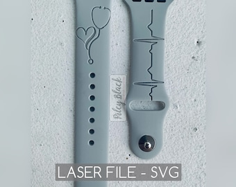 DIGITAL DOWNLOAD Hand-drawn Nurse Watchband File, svg, Watch Band Design, Laser Engraved, Stethoscope, Heart Rhythm