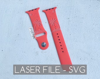 DIGITAL DOWNLOAD Hand-drawn Beach Scene Watchband File, svg, Watch Band Design, Laser Engraved, Palm Tree, Coconut drink