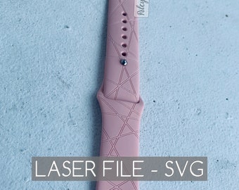 May include: A pink Apple Watch band with a geometric pattern. The band is made of silicone and has a laser-cut design. The text "LASER FILE - SVG" is printed on the band.