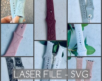 May include: A set of nine laser cut watch bands for Apple Watch. The bands are in various colors and patterns, including pink, blue, white, black, and gray. The bands feature intricate designs, such as floral patterns, geometric shapes, and religious symbols. The bands are labeled with the text "Riley Black" and "Laser File - SVG".