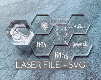 DIGITAL DOWNLOAD 2.25x2" Acrylic Hexagon Ring Box Design Bundle & Jig, 7 Designs, Mr, Mrs, I do, Forever, Dandelion, Cherry Blossoms, Henna