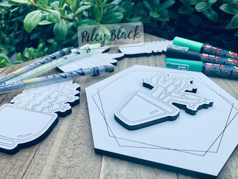Puede incluir: Un letrero hexagonal de madera blanca con un contorno negro de un cactus en una maceta. El letrero est&aacute; sobre una superficie de madera con marcadores verdes y un letrero que dice "Riley Black Made with Love & A Little Sass".