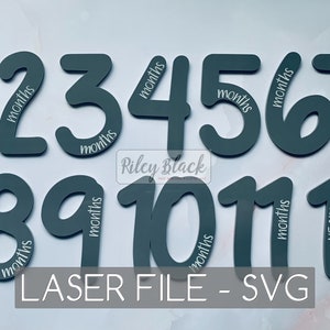 Pode incluir: Um conjunto de 12 números cinzentos cortados a laser com texto branco, lendo "meses" e "ano!" para as fotos de marcos mensais de um bebê. Os números estão dispostos em um semicírculo sobre um fundo branco.