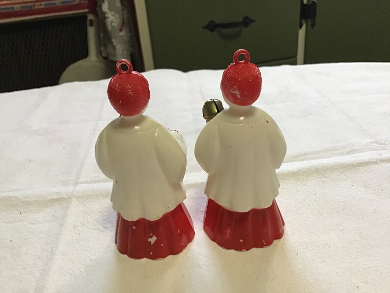 Pair of CHOIR BOY ORNAMENTS great condition each has a jingle bell and hanging loop 1950\u2019s 3\u201d tall