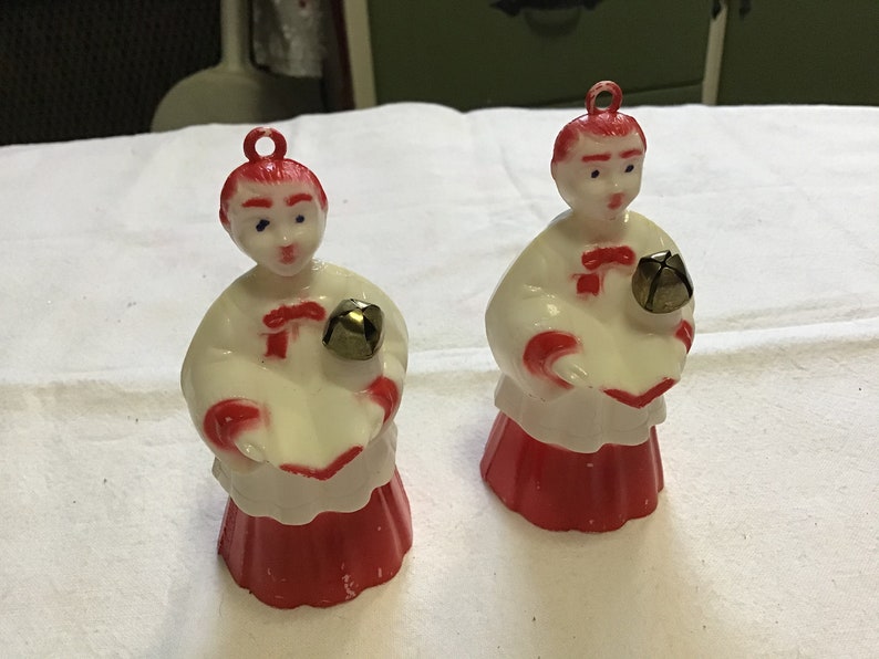 Pair of CHOIR BOY ORNAMENTS great condition each has a jingle bell and hanging loop 1950\u2019s 3\u201d tall