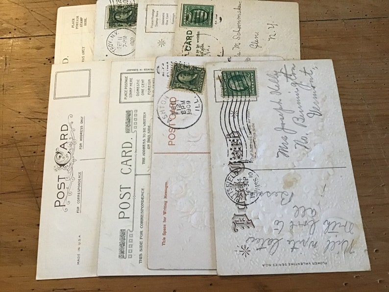 8 Antique valentine postcards..1909-1910..4 not used..embossed ..good condition