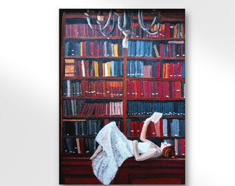 Fine Art Print | The Library,  5x7 print, unframed, library art, book art, romantic artwork, girl reading