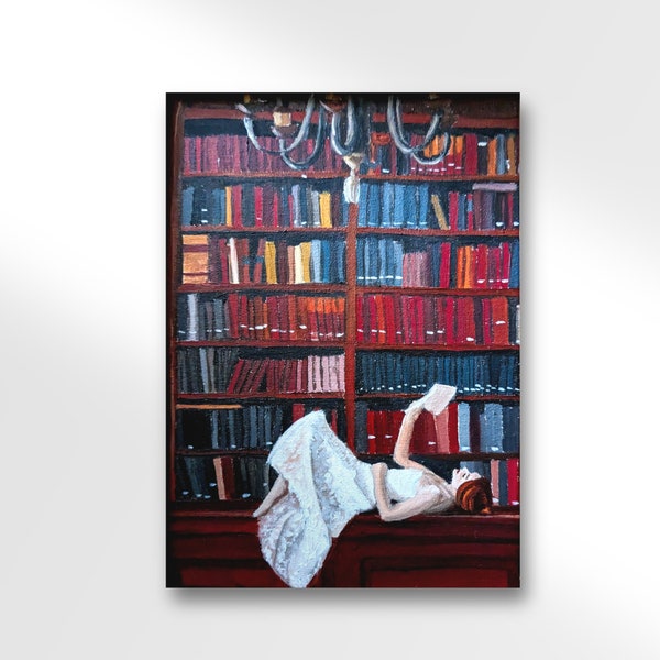 Fine Art Print | The Library,  5x7 print, unframed, library art, book art, romantic artwork, girl reading