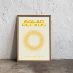 Puede incluir: Un póster enmarcado con las palabras "SOLAR PLEXUS" en letras amarillas. Debajo del texto hay un diseño circular amarillo. La parte inferior del póster dice "I CHOOSE CONFIDENCE OVER FEAR & ACTION OVER DOUBT."