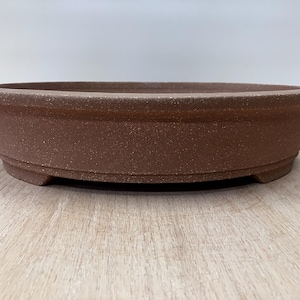 May include: A brown, oval-shaped bonsai pot with a textured surface. The pot has a low profile with a slightly flared rim and small feet. The color is a warm, earthy tone.