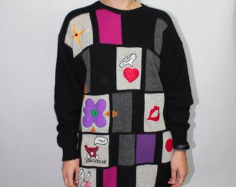 Vtg 90s Womens Funky Color Block Wool Angora Sweater Jumper size L