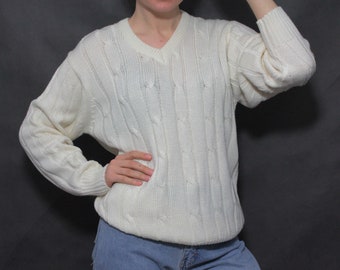 Vintage 90s SLAZENGER Cream White V-Neck Cable Acrylic Knit Sweater Jumper Pullover size S / M or Oversize