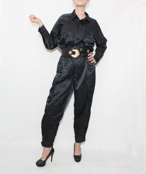 Buy Vintage 80s ISSEY MIYAKE Plantation Black Shiny Satin Jumpsuit