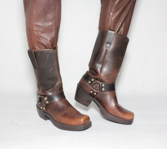 Vintage 90s Durango Motorcycle Biker Harness Rocker Western Brown Leather Mid-Calf Boots Shoes Size EUR 42 US Mens 9