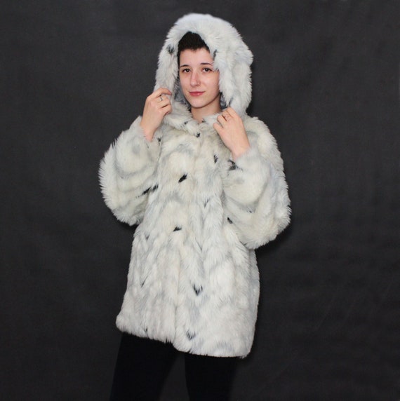 Vintage 80s Faux Fur Coat / White & Grey Fake Fur