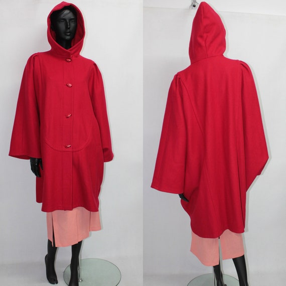 Vintage JENSEN Red Hooded Wool Cape Poncho Hooded