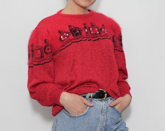 Vintage 80s Rhinestones Fluffy Red Knit Chunky Jumper Sweater Pullover Oversize size S / M