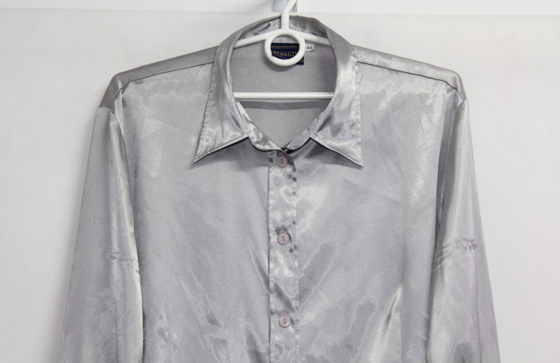 Vintage 90s Womens Disco Silver Shining Long Sleeve Blouse Shirt Top size L