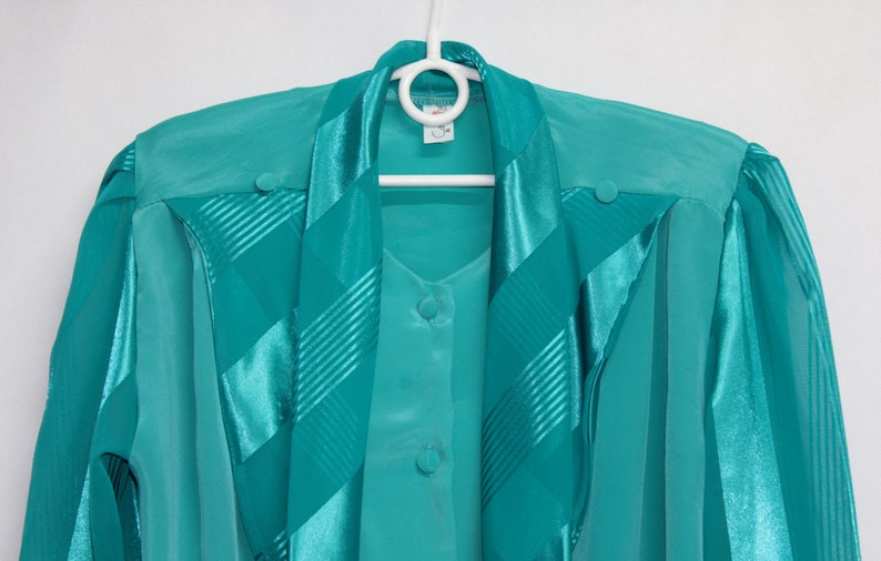 Vtg 80s Secretary Sheer Silky Turquoise Long Sleeve Pussy Bow Tie Office Blouse Shirt Top size L