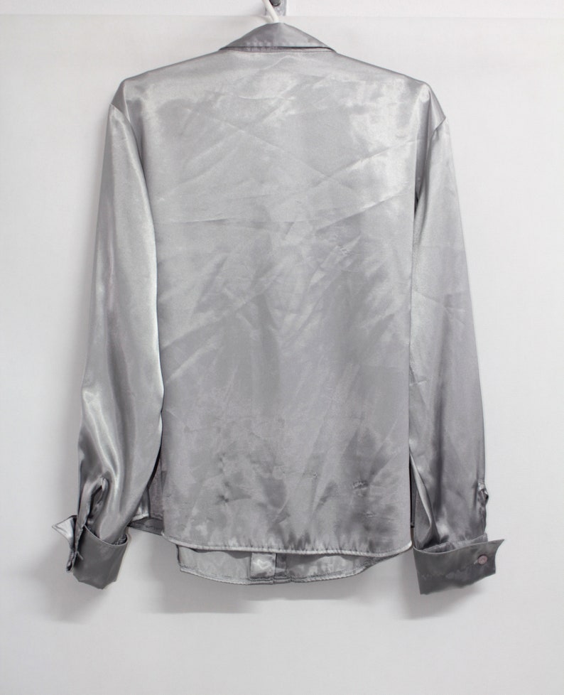 Vintage 90s Womens Disco Silver Shining Long Sleeve Blouse Shirt Top size L