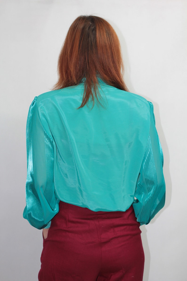 Vtg 80s Secretary Sheer Silky Turquoise Long Sleeve Pussy Bow Tie Office Blouse Shirt Top size L