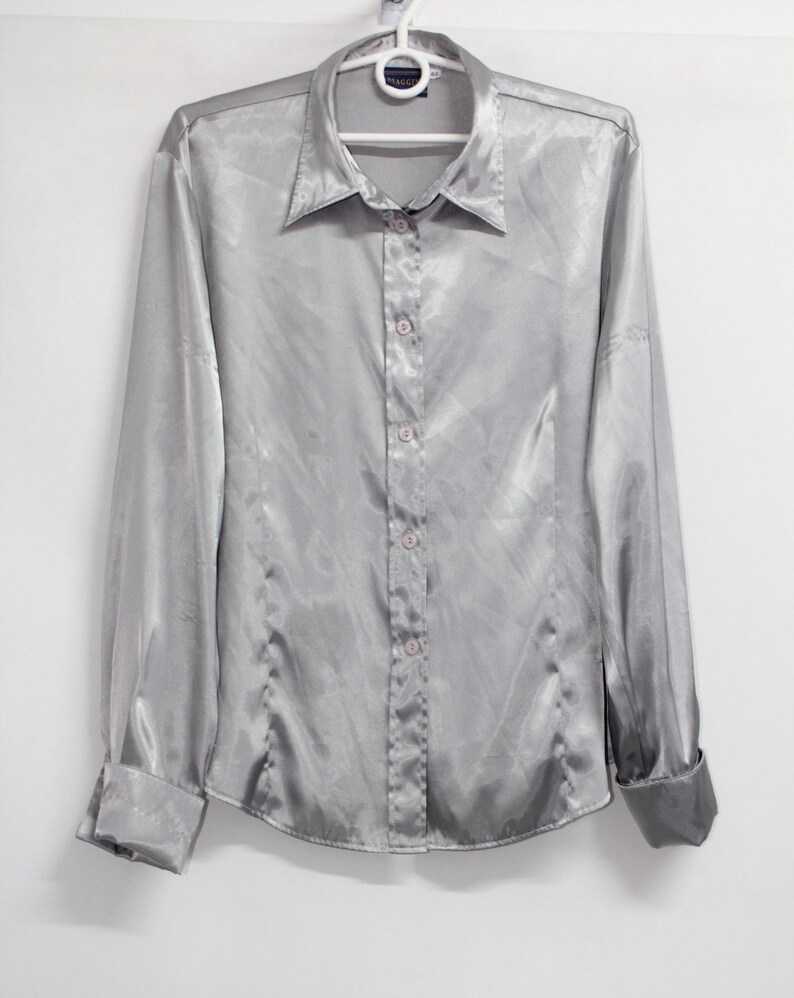 Vintage 90s Womens Disco Silver Shining Long Sleeve Blouse Shirt Top size L