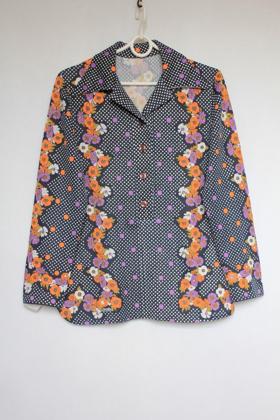 Vintage 60s 70s Navy Blue Polka-Dot Colorful Flowe