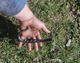 Può includere: Un gancio in metallo forgiato a mano con un design attorcigliato e un'estremità curva. Il gancio è in metallo scuro e ha un aspetto rustico.